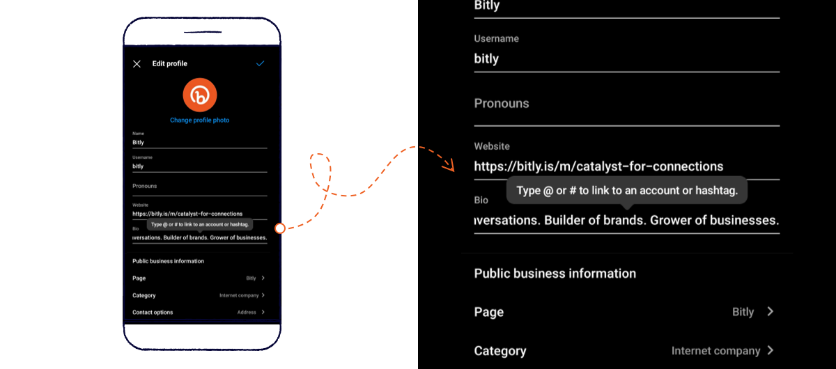 Geh zum Abschnitt „Links“, um einen externen Link oder ein Facebook-Profil hinzuzufügen.