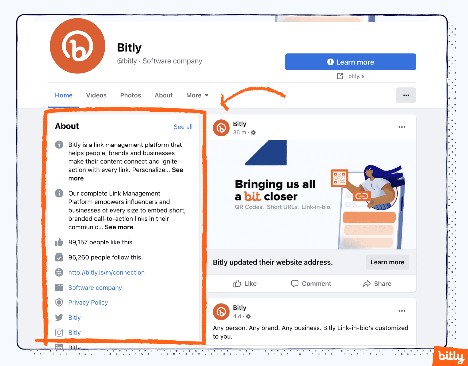 La sección «Acerca de» aparece resaltada en la página de Facebook de Bitly, donde se muestra un link Bitly en la bio.