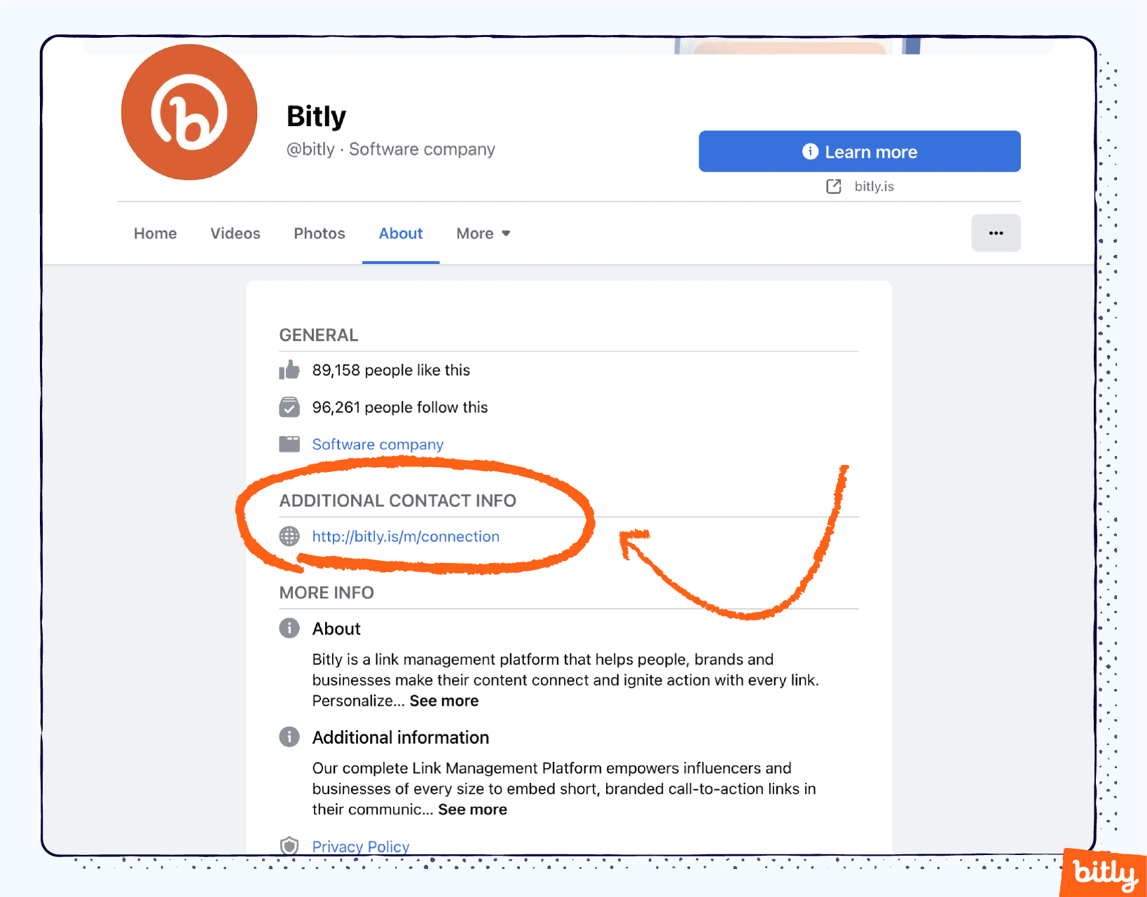 Link en la bio Bitly marcado con un círculo en la sección «Acerca de» de la página de Facebook de Bitly.