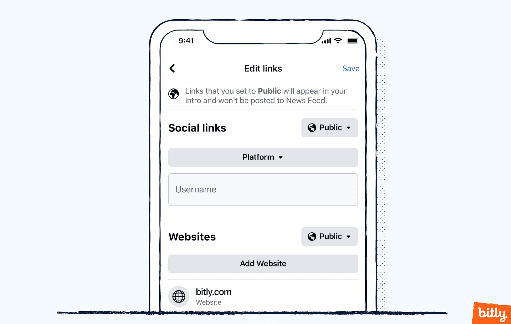 La página de configuración de Editar enlaces en un teléfono móvil.