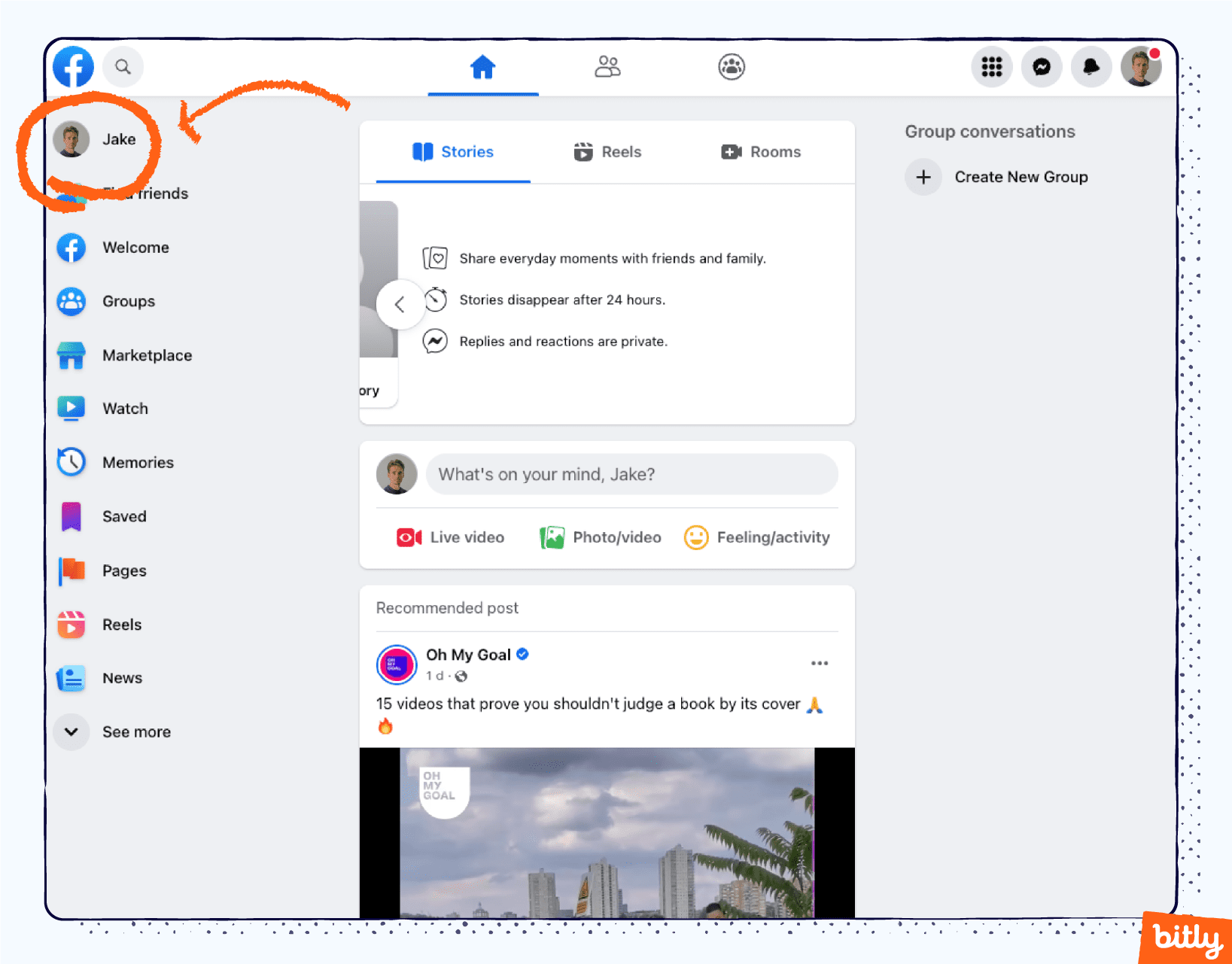 Una flecha naranja que apunta al botón de perfil de un usuario de Facebook en la versión de escritorio de Facebook.