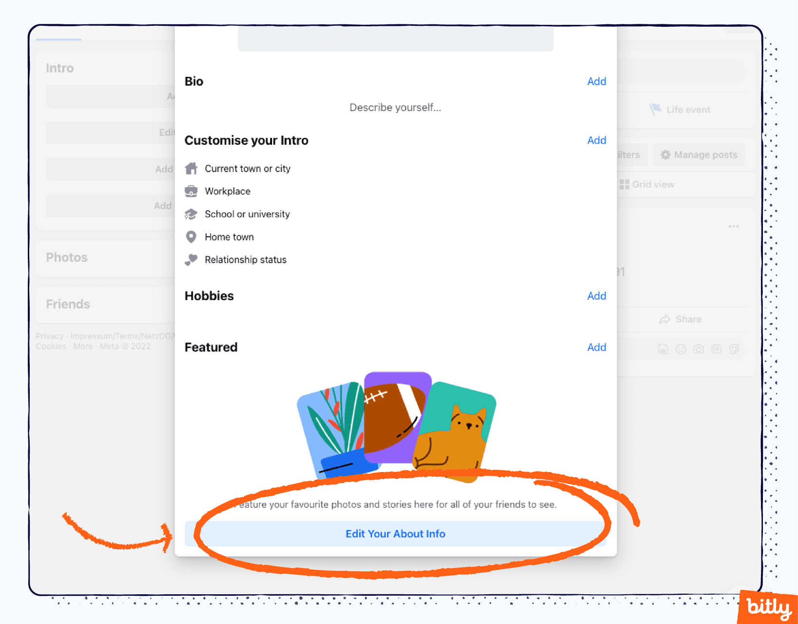 Una flecha naranja que apunta al botón «Editar tu información personal» en la versión de escritorio de Facebook.