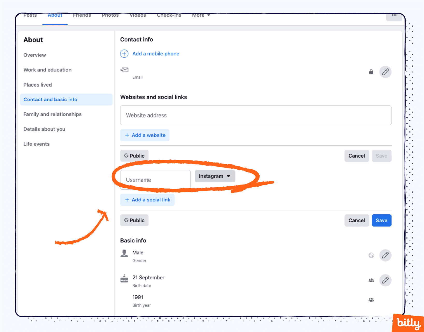 Una flecha naranja que apunta al botón «Añadir un nombre de usuario» en la versión de escritorio de Facebook.