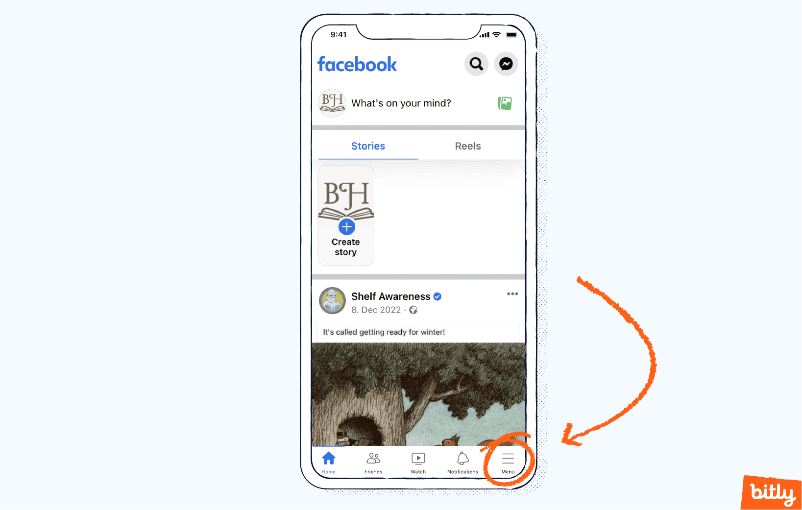 Una flecha naranja que apunta al botón de menú de una cuenta de Facebook en un teléfono móvil.