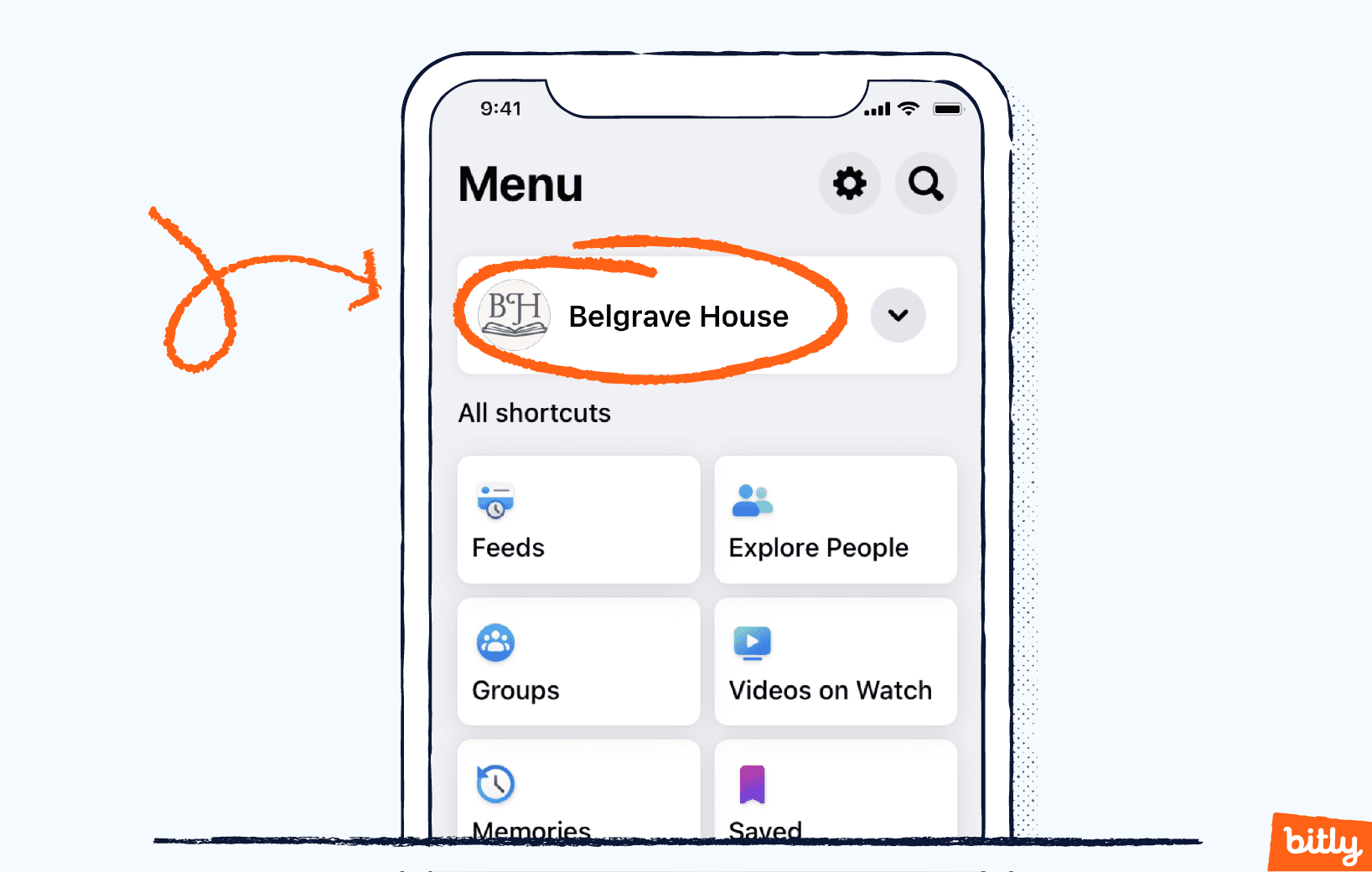Una flecha naranja que apunta al nombre de la cuenta en el menú de una cuenta de Facebook en un teléfono móvil.
