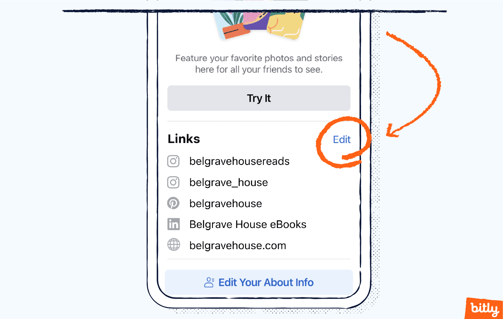 Una flecha naranja que apunta al botón Editar en una cuenta de Facebook en un teléfono móvil.