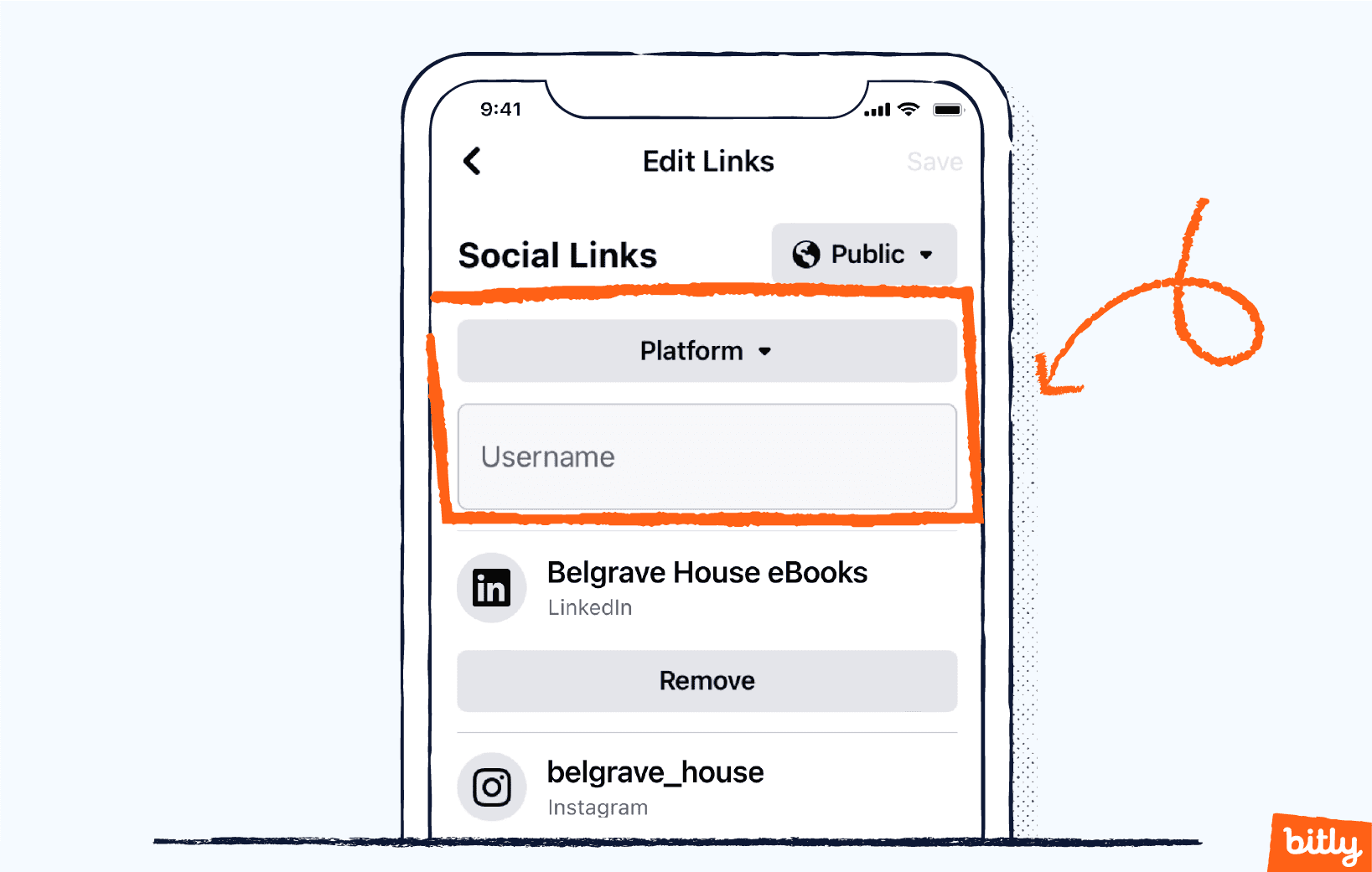 Una flecha naranja que apunta al botón «Plataforma» de una cuenta de Facebook en un teléfono móvil.