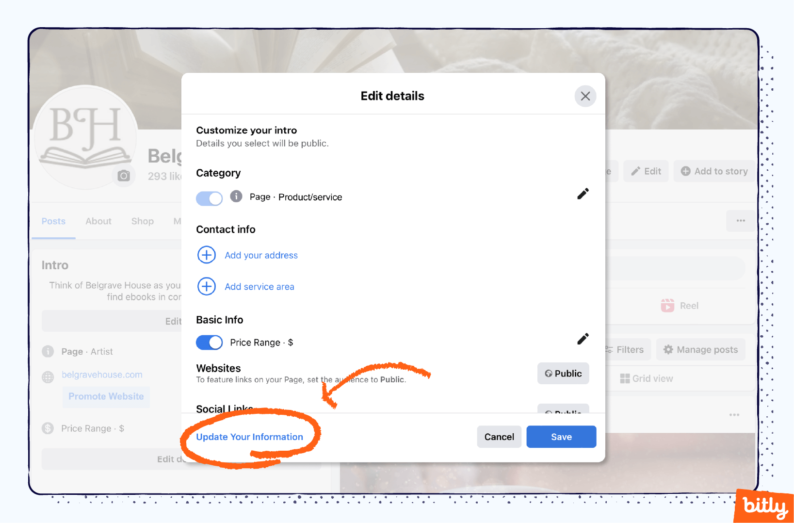 Una flecha naranja que apunta al botón «Actualizar tu información» en la versión de escritorio de Facebook.