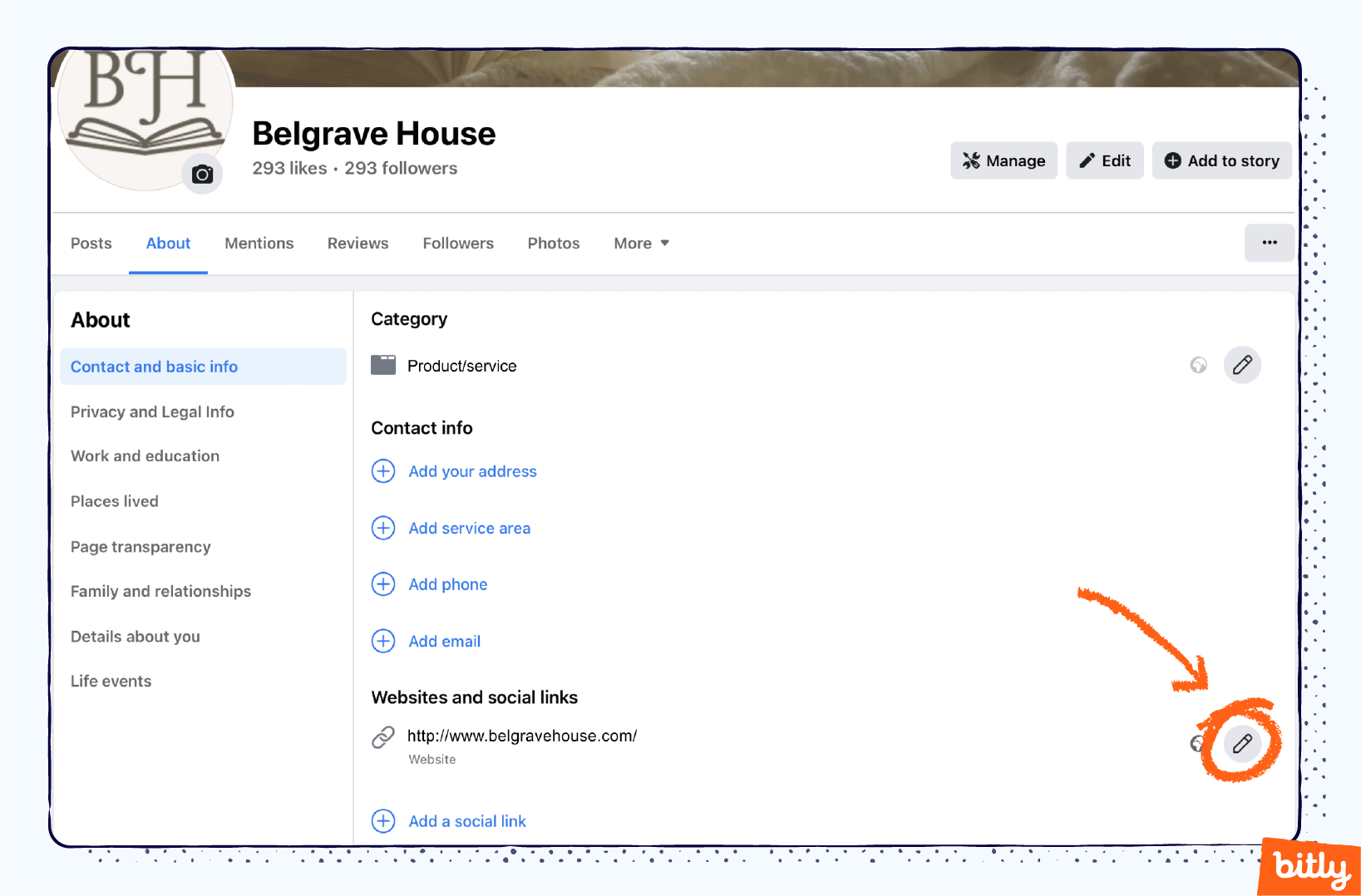 Una flecha naranja que apunta a un icono de lápiz en la versión de escritorio de Facebook.