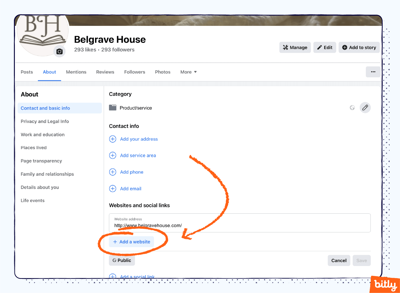 Una flecha naranja que apunta al botón «Añadir un sitio web» en la versión de escritorio de Facebook.