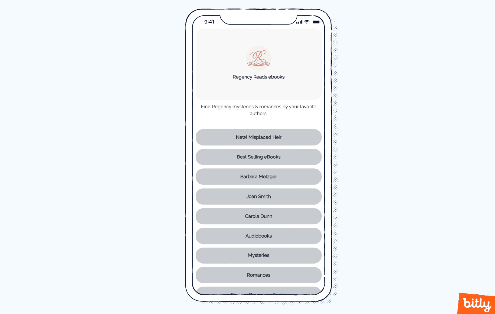 Un teléfono móvil que muestra el link Bitly en la bio utilizado por Regency Reads.