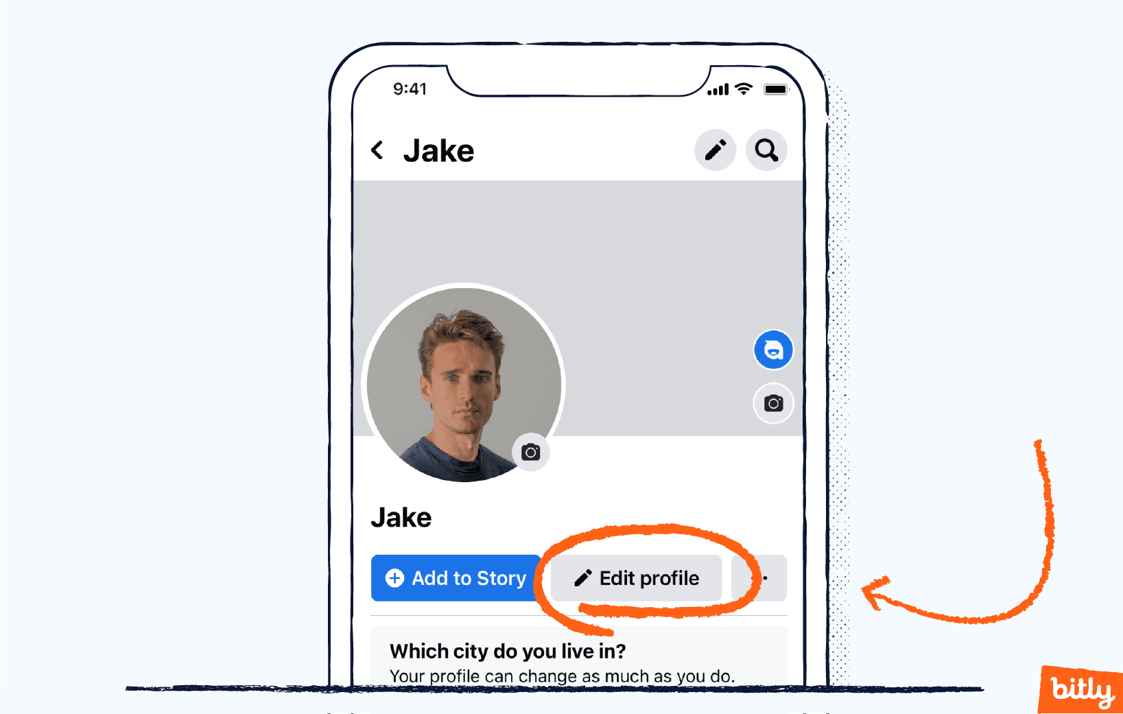 Una flecha naranja que apunta al botón Editar perfil de un usuario de Facebook en un smartphone.