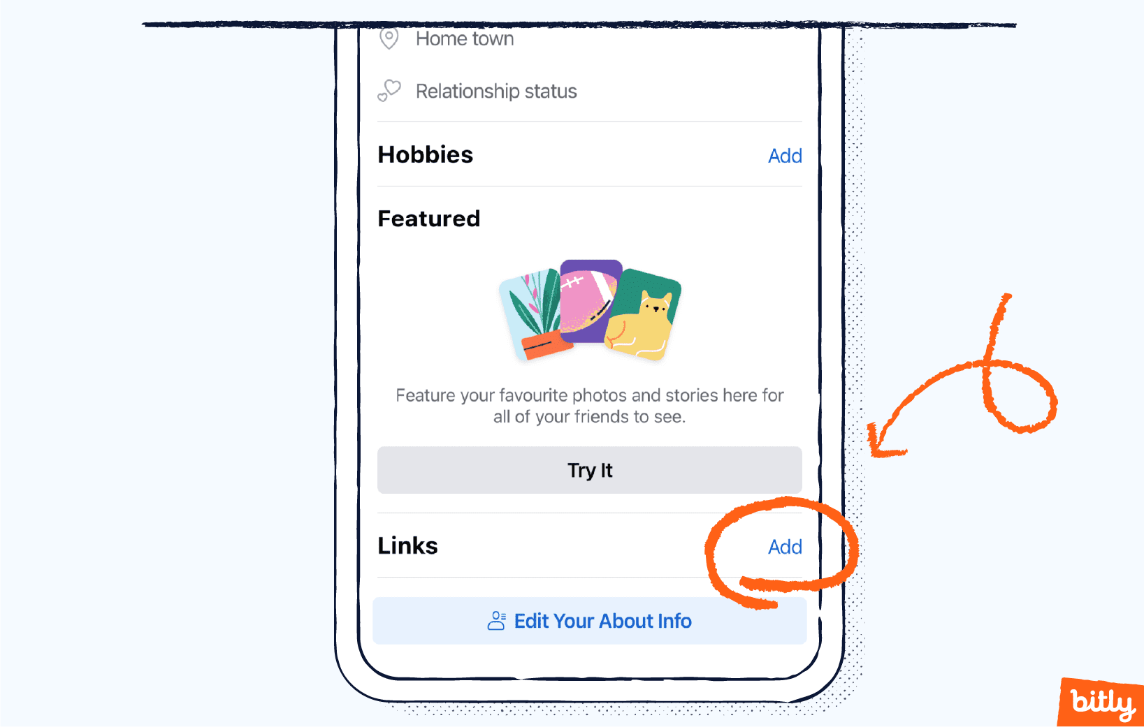 Una flecha naranja que apunta al botón «Añadir» en un perfil de Facebook en un smartphone.