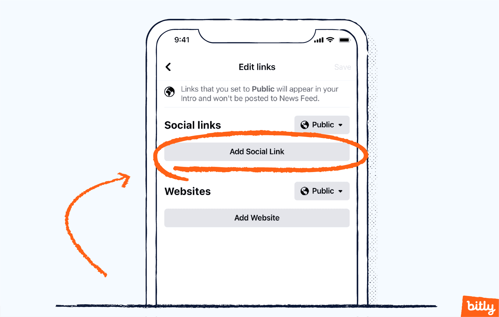 Una flecha naranja que apunta al botón «Añadir enlace social» en un smartphone.