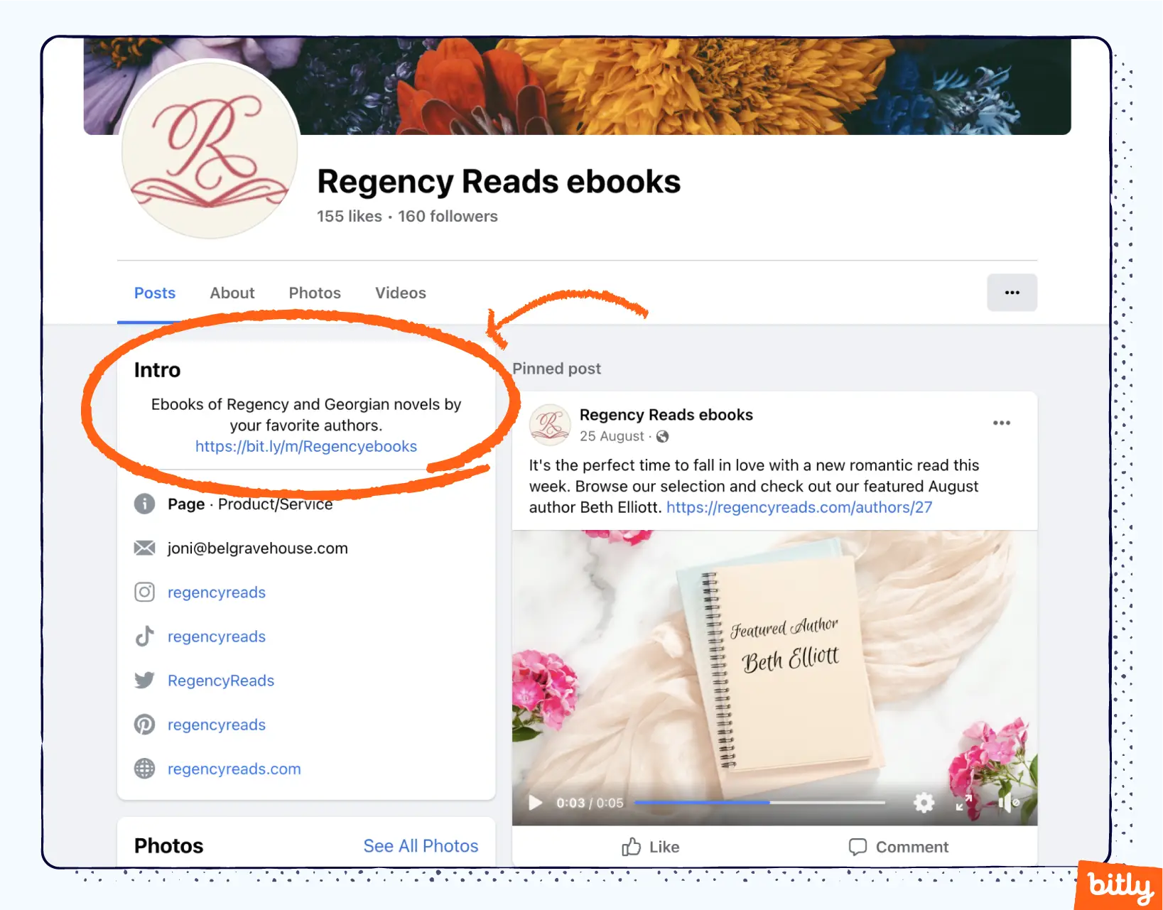 Una flecha naranja que apunta a la sección de introducción del perfil de Facebook de Regency Reads ebooks, donde se muestra un enlace Bitly link en la bio.
