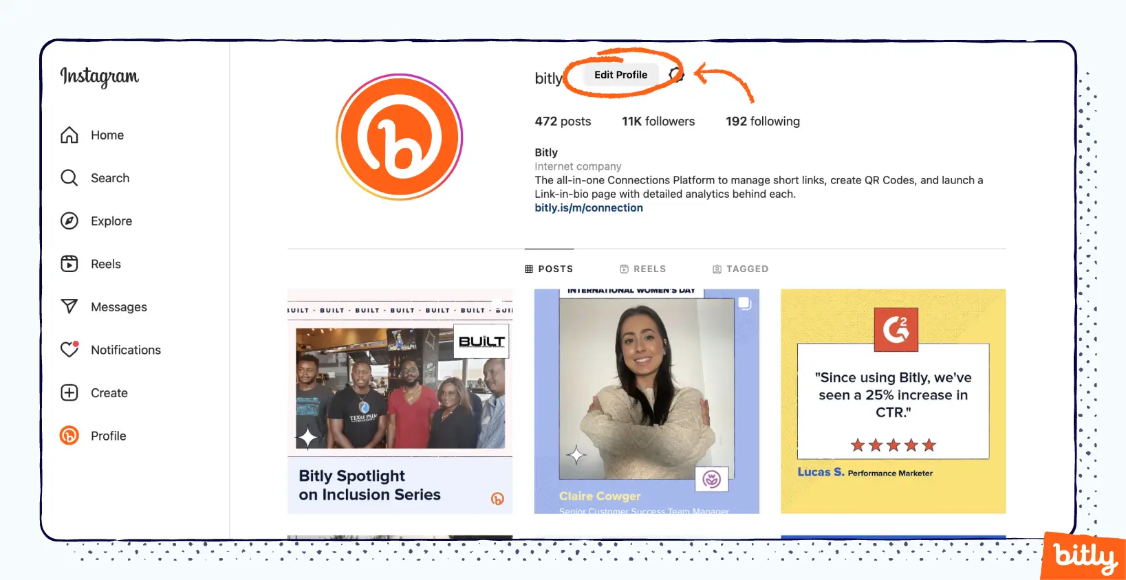 Profil Instagram de Bitly avec un marqueur orange indiquant et entourant « Modifier le profil ».