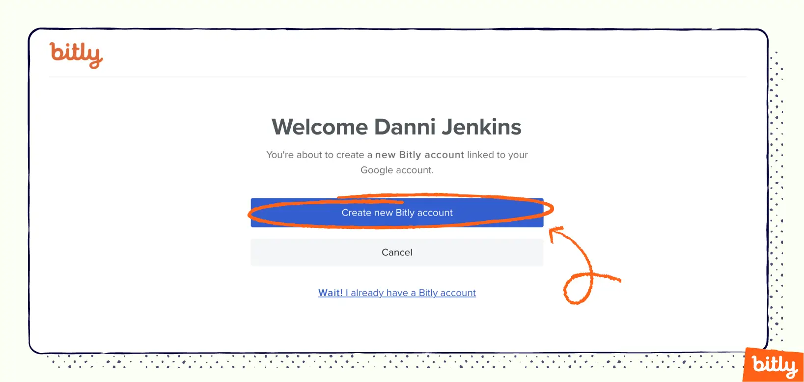 Une flèche orange indiquant un bouton permettant de créer un nouveau compte Bitly.