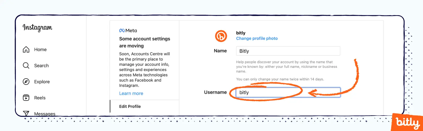 Profil Bitly sur Instagram avec un marqueur orange entourant et indiquant le nom d'utilisateur Bitly. 