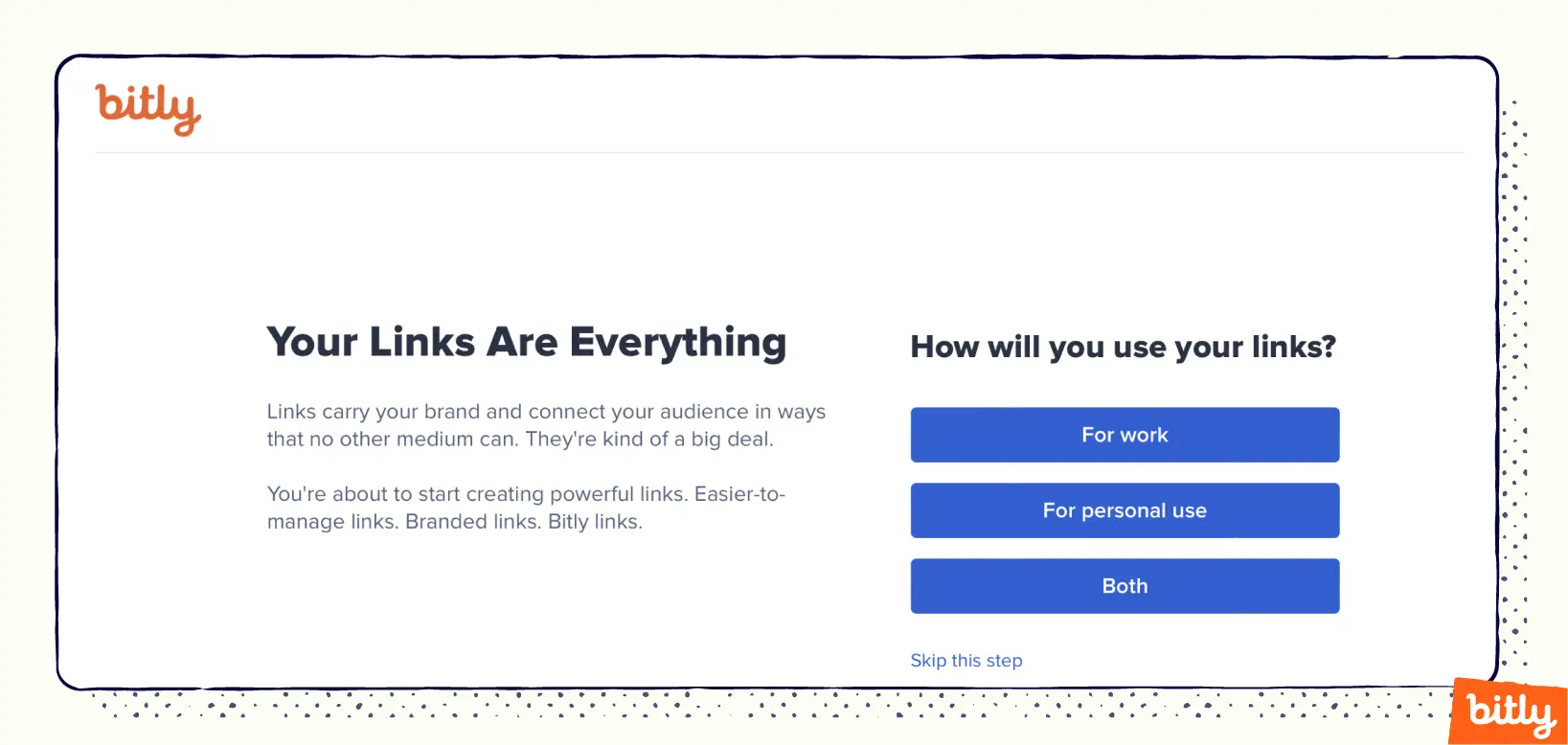 Une page Bitly demandant à l'utilisateur à quelles fins il utilisera son compte.