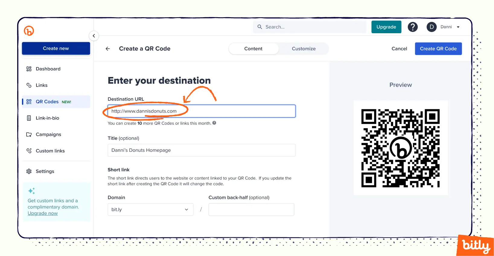 Le processus de création d'un code QR sur la plateforme Bitly avec le code QR de la marque Bitly et un marqueur orange entourant et pointant vers l'URL de destination de Danni's Donuts.