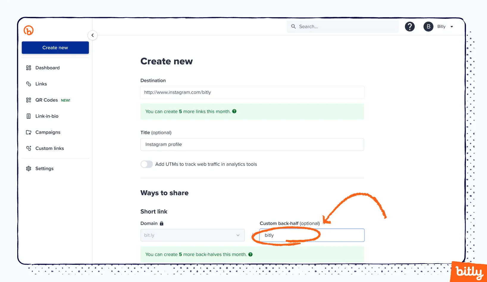 La création de liens Bitly permet à un utilisateur d'ajouter un chemin personnalisé à ses liens.