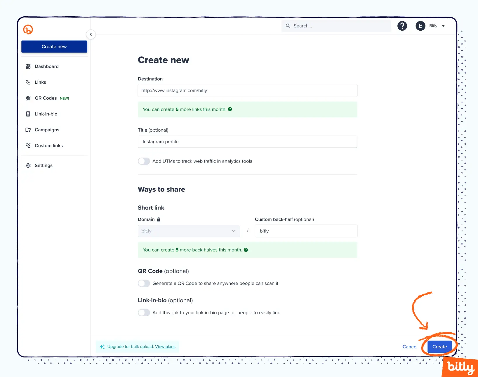 Lorsque le lien est complet, l'utilisateur peut sélectionner le bouton Créer pour terminer la création de son lien Bitly.