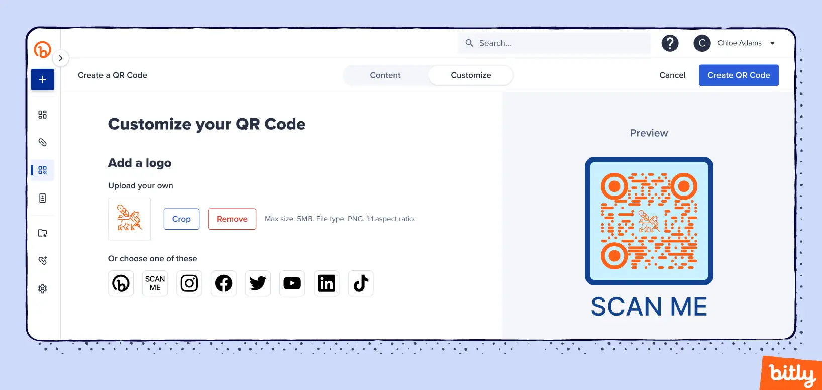 Le menu de la Plateforme Connexions de Bitly où un utilisateur peut télécharger son propre logo ou sélectionner une icône de réseau social à ajouter à son code QR.