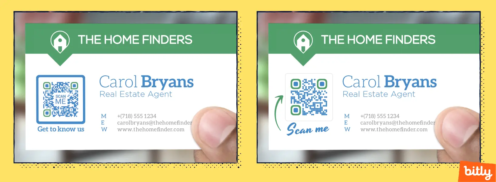 Deux cartes de visite côte à côte, chacune comportant un code QR différent, conçues pour permettre de tester les designs dans le cadre d'un test A/B.