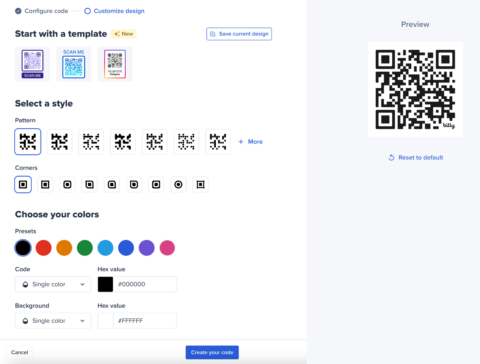 Uno screenshot che mostra i diversi modelli, stili e colori disponibili per personalizzare i tuoi QR Code
