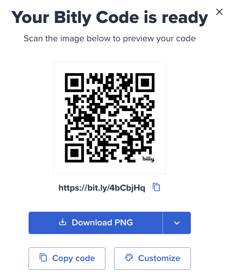 Uno screenshot che mostra come appare il QR Code completato sulla piattaforma Bitly