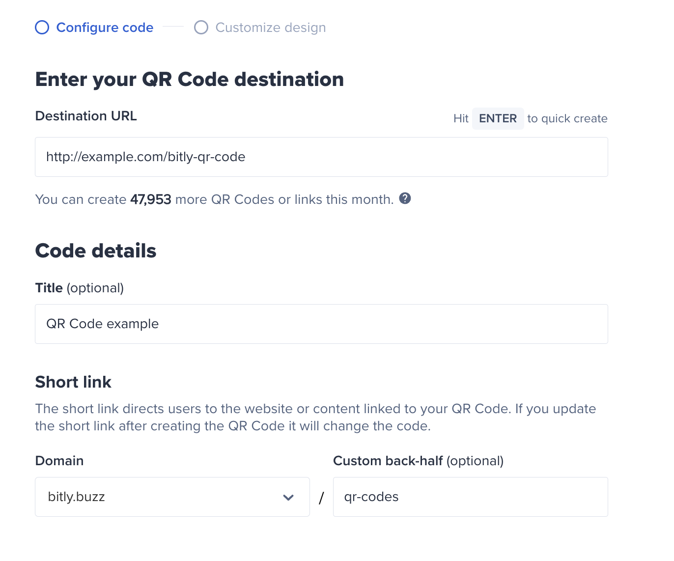 Screenshot che mostra dove trovare e modificare la destinazione e i dettagli del QR Code