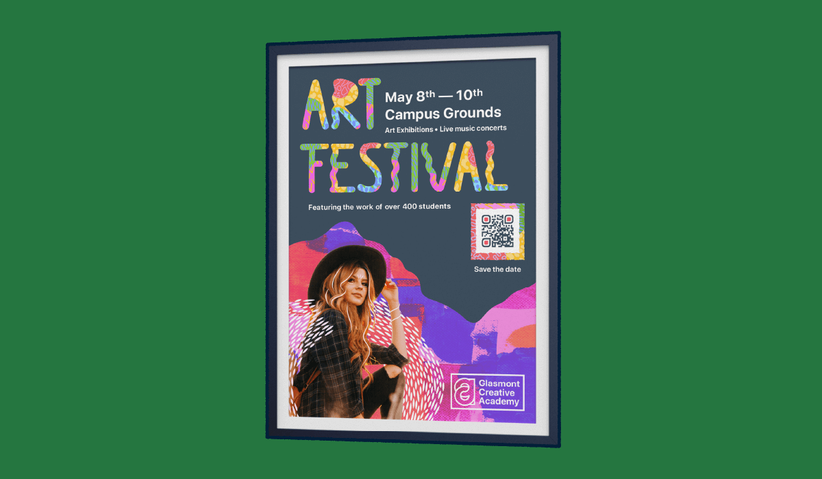 Art festival poster advertisement with a QR Code on it.