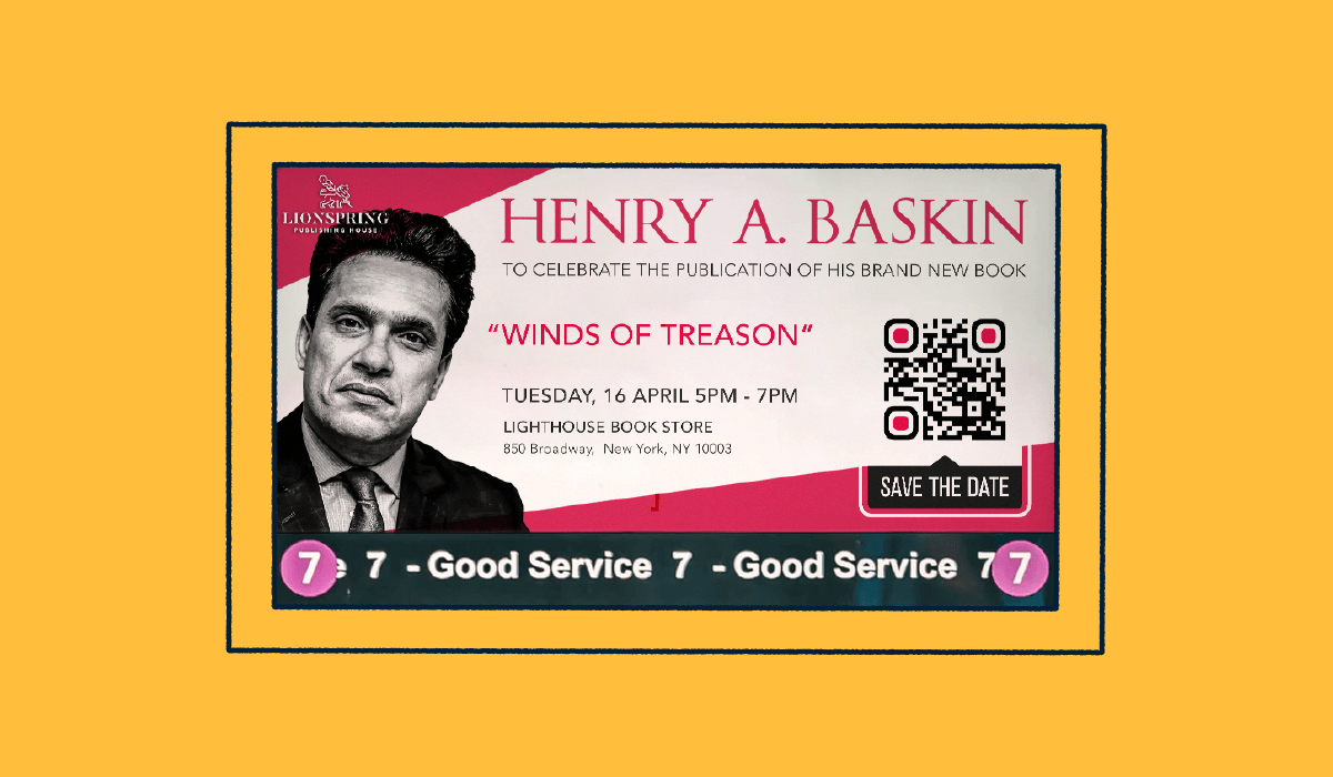 Ad for a book publication event with a QR Code on it.