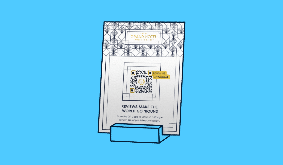 A hotel sign with a prompt to scan the QR Code and leave a review.