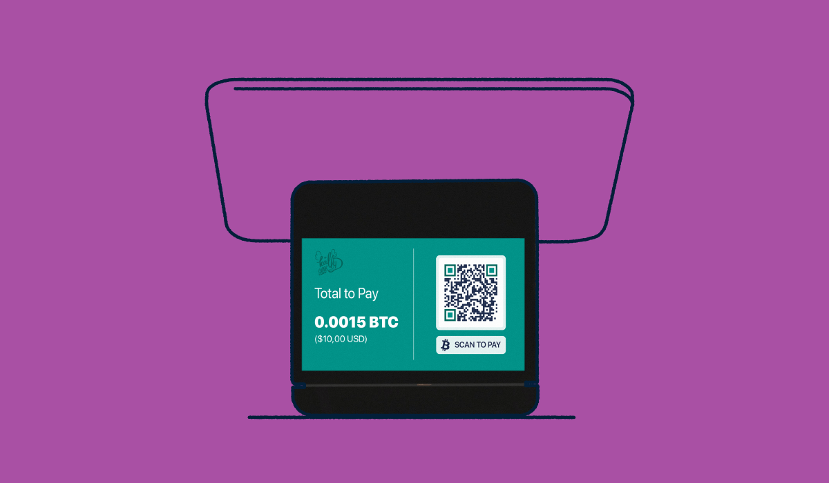 Cashout register with a tablet displaying a payment QR Code.