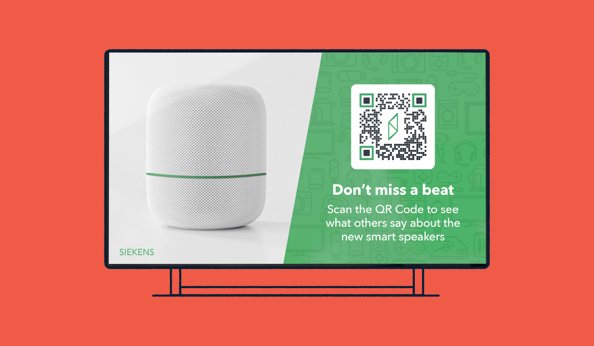 Speaker ad on a TV with a QR Code to see reviews.
