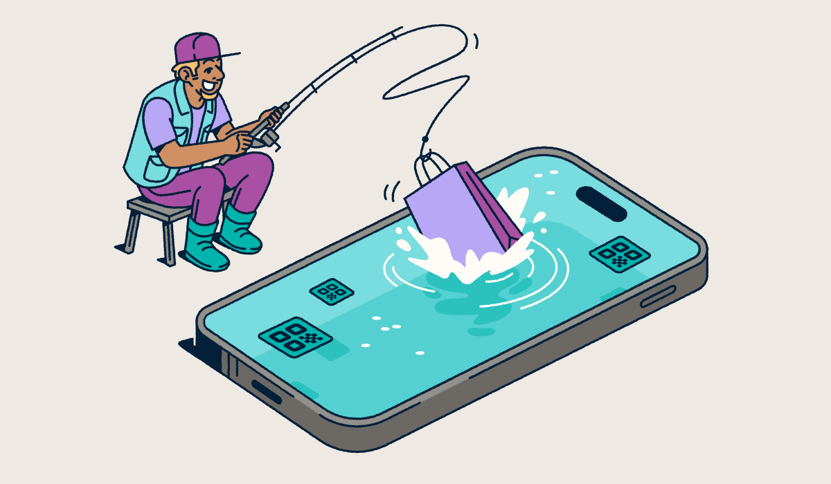 A fisherman fishing from an smartphone with a shopping bag on the end of his hook.