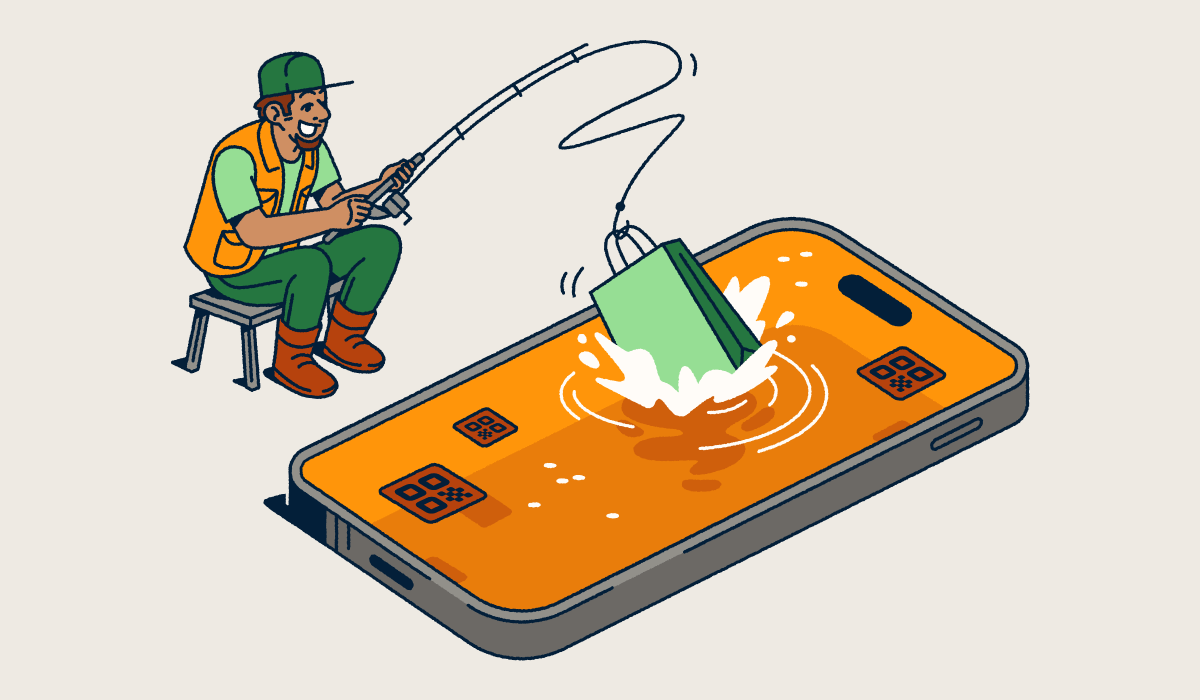 A fisherman fishing from an smartphone with a shopping bag on the end of his hook.