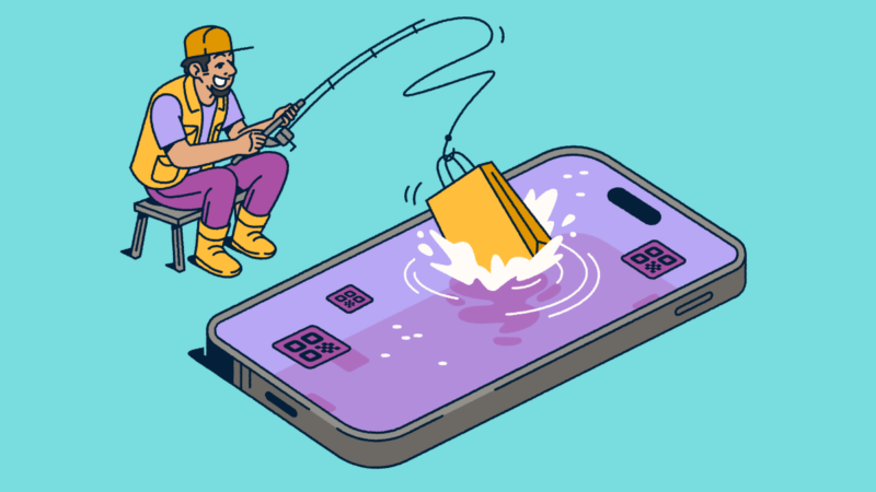 A fisherman fishing from an smartphone with a shopping bag on the end of his hook.