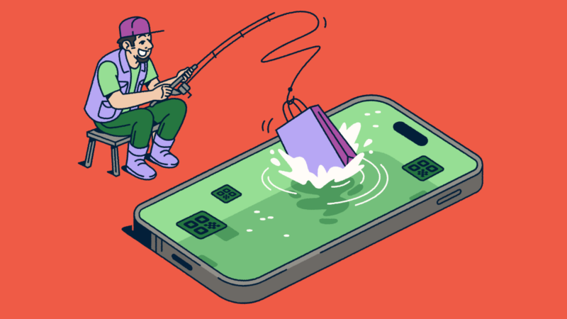 A fisherman fishing from an smartphone with a shopping bag on the end of his hook.