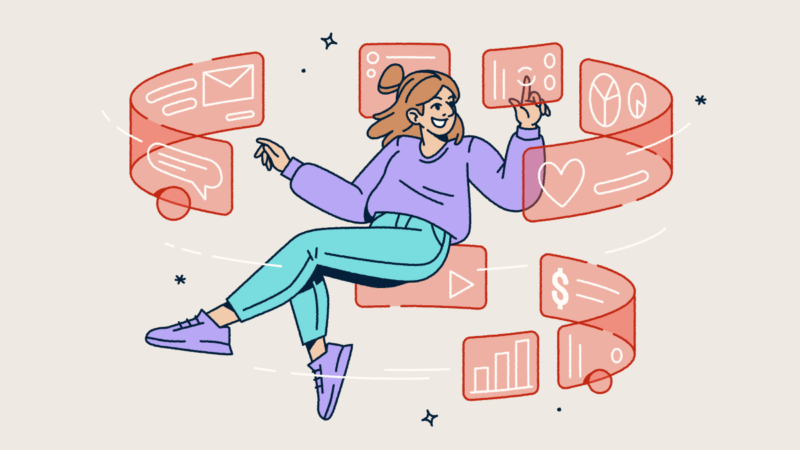 A woman floating in the air with screens swirling around her.