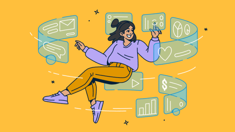 A woman floating in the air with screens swirling around her.