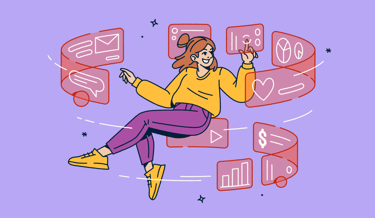 A woman floating in the air with screens swirling around her.