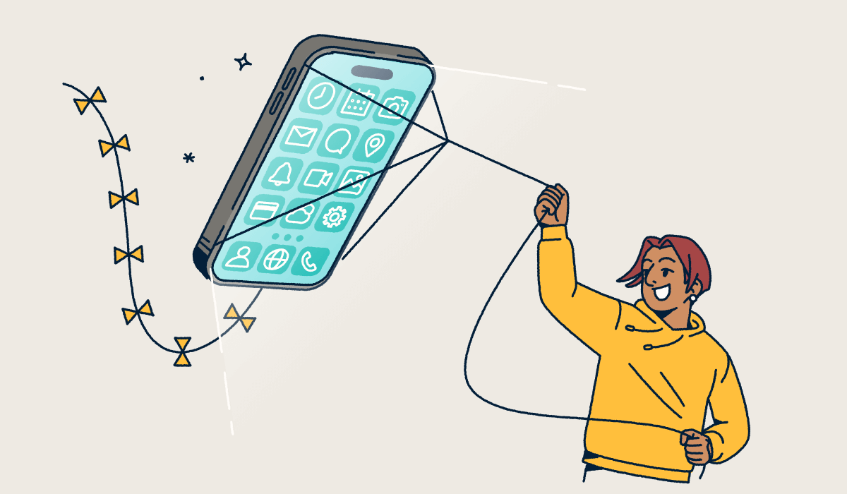 A person flying a mobile phone like a kite.