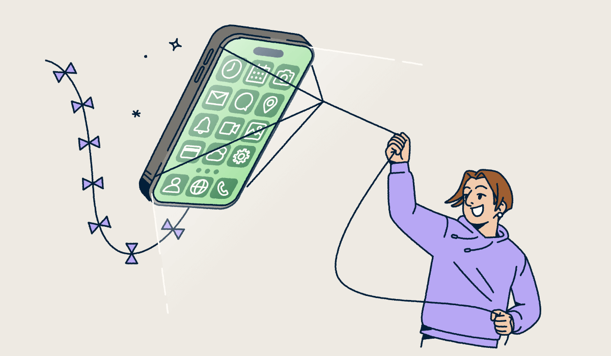 A person flying a mobile phone like a kite.