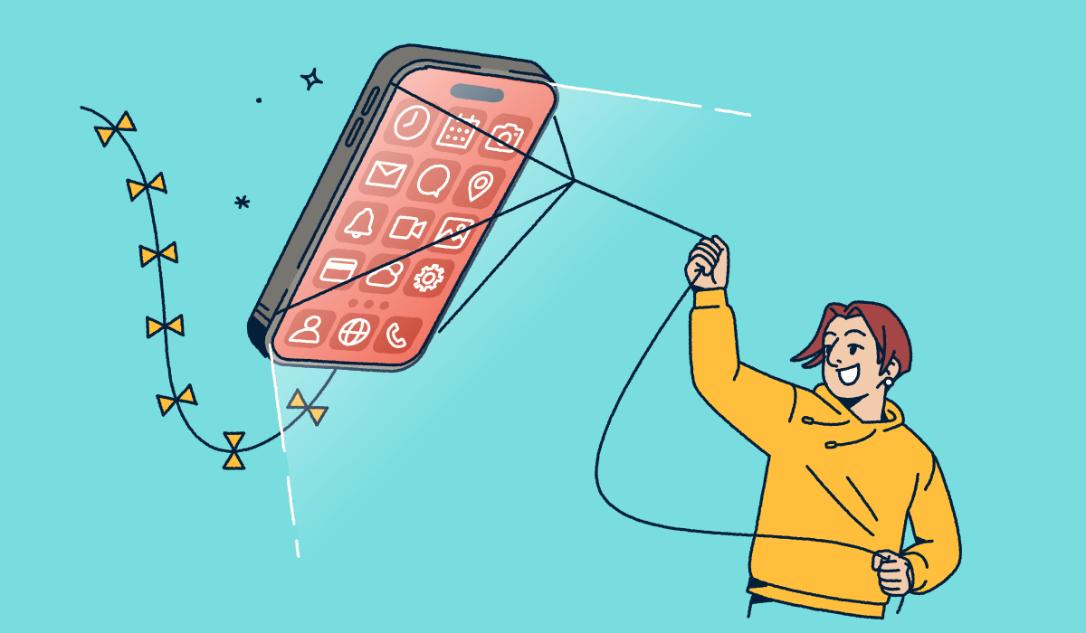 A person flying a mobile phone like a kite.