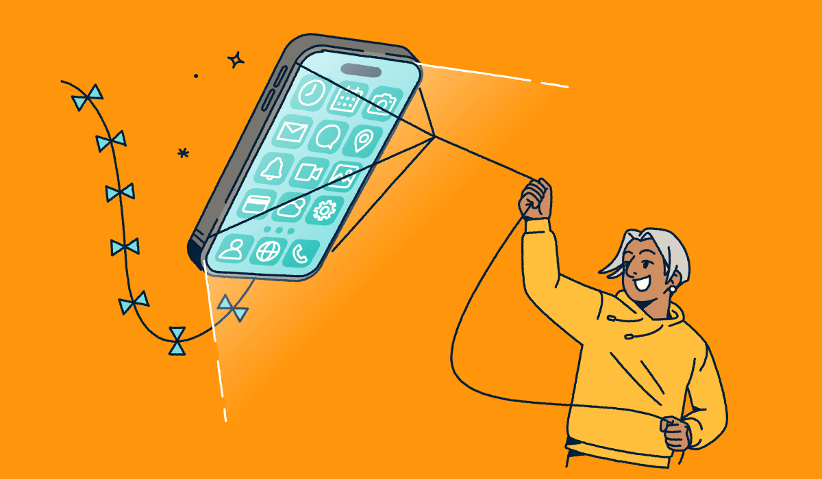 A person flying a mobile phone like a kite.