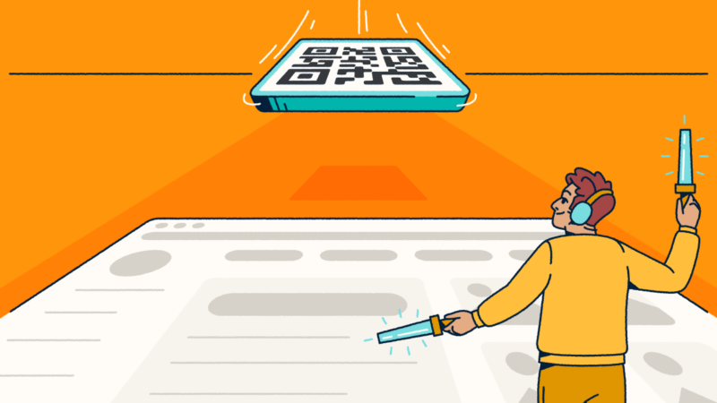 A person waving airport marshalling wands on a landing strip. They are guiding a QR Code to land.