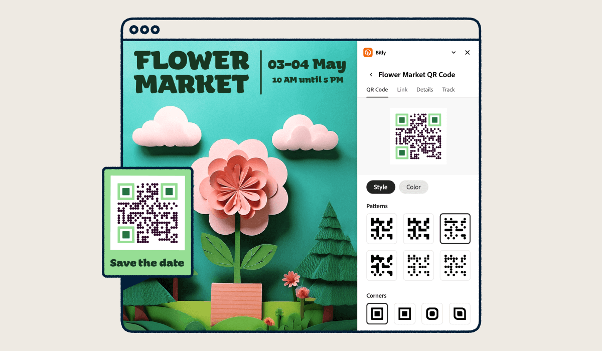 Un mockup digitale che mostra l'integrazione tra Adobe Express e Bitly, con un poster artigianale per un mercato di fiori di carta dotato di un pannello di personalizzazione con QR Code, che mostra opzioni di motivi, stili degli angoli e funzioni di monitoraggio per ottimizzare le campagne di marketing dalla stampa al digitale.