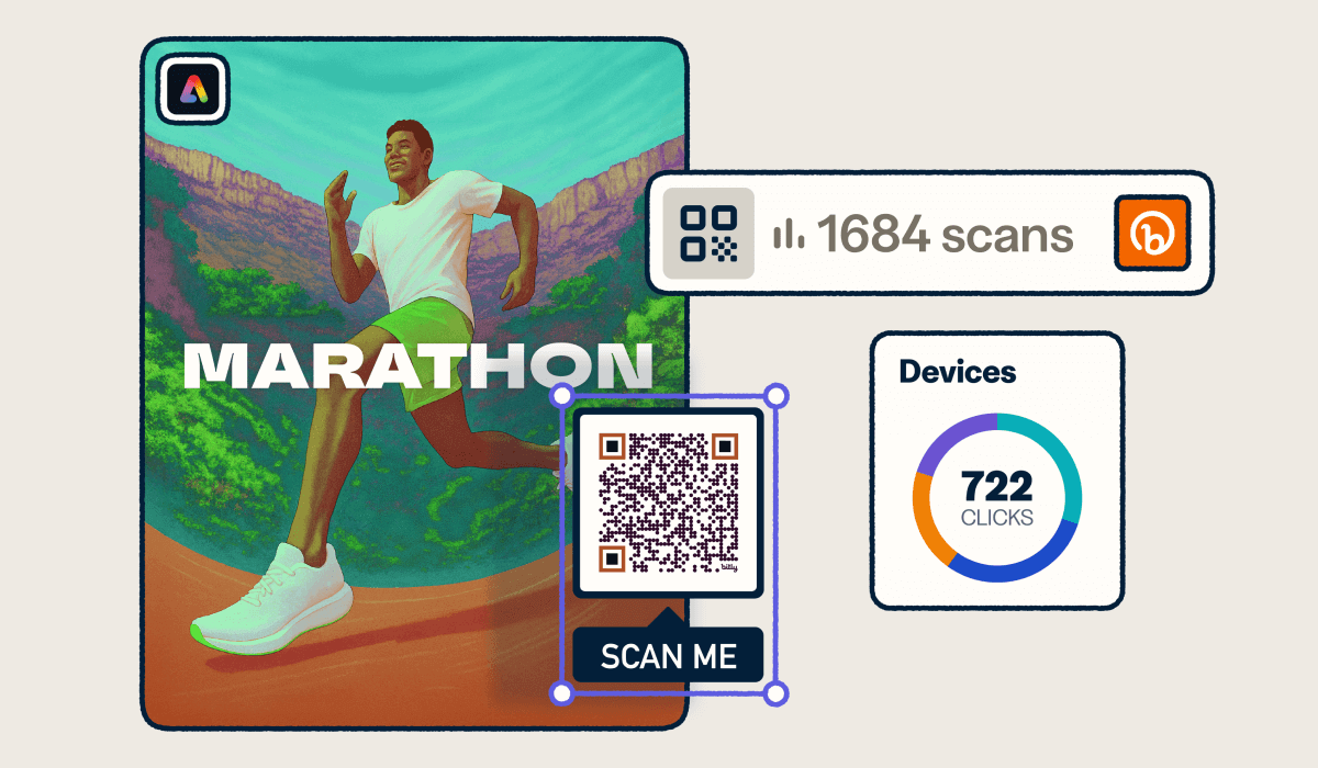 Une création Adobe Express représentant un coureur de marathon. Elle comporte un code QR Bitly ainsi que plusieurs encadrés indiquant des statistiques de scan.